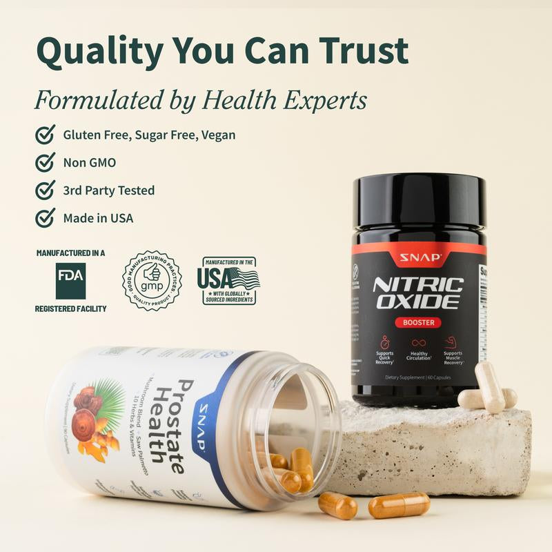Ultimate Men'S Health Bundle - Snap Supplements - Nitric Oxide Booster 60Ct + Prostate Health Bundle - Natural Supplement Capsules - Support Blood Circulation & Prostate Health