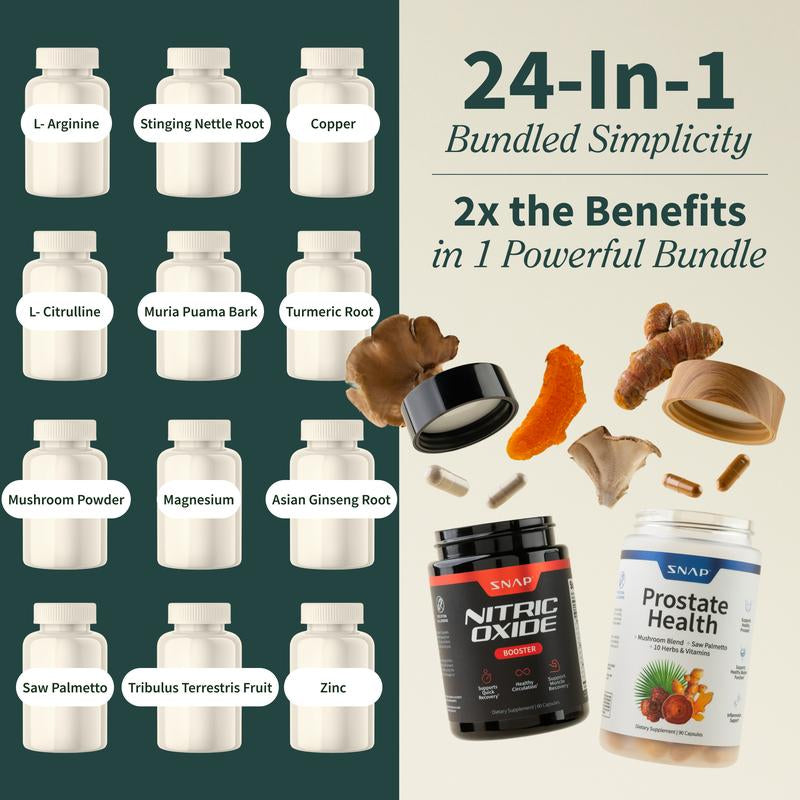 Ultimate Men'S Health Bundle - Snap Supplements - Nitric Oxide Booster 60Ct + Prostate Health Bundle - Natural Supplement Capsules - Support Blood Circulation & Prostate Health